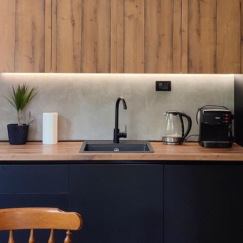 a kitchen counter with a sink and a toaster at Central Apartment with Garden in Skopje