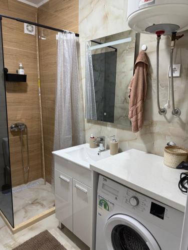a bathroom with a washing machine and a shower at Sanja apartman in Bar