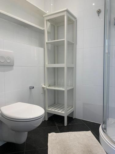 a white bathroom with a toilet and a shower at Francis50 2 in Ostend