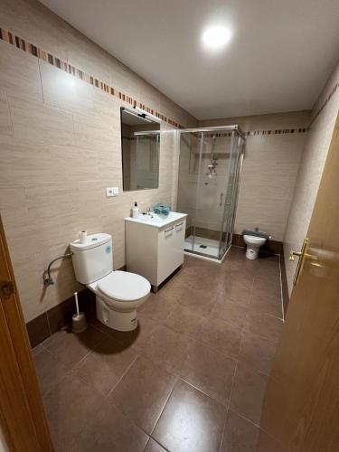 Un baño con inodoro, lavabo y ducha. en APARTAMENTOSOLyMAR, en Oropesa del Mar