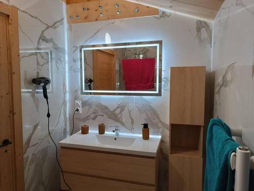 une salle de bain avec un lavabo et un miroir dans l'établissement Chalet les angles, aux Angles