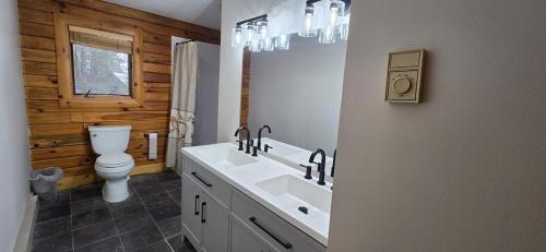 a bathroom with a white sink and a toilet at Wandering Woods- 3 Bedroom Home with Hot Tub and Firepit in Oakland
