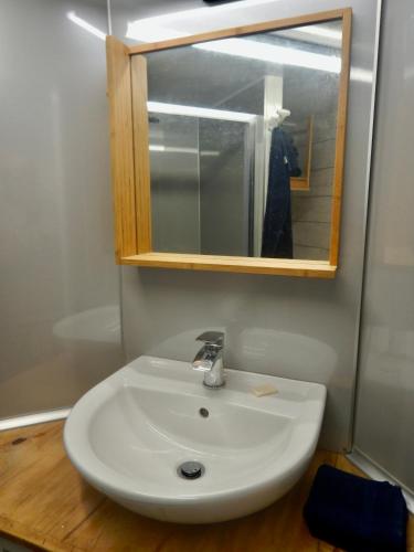 a bathroom with a white sink and a mirror at Adrigole Bay Studio Apartment in Adrigole