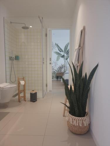 a bathroom with a plant in a pot on the floor at Vera Cruz Suite Apartment in Aveiro