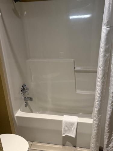 a bathroom with a white bath tub with a shower curtain at Comfort Inn North-Polaris in Columbus