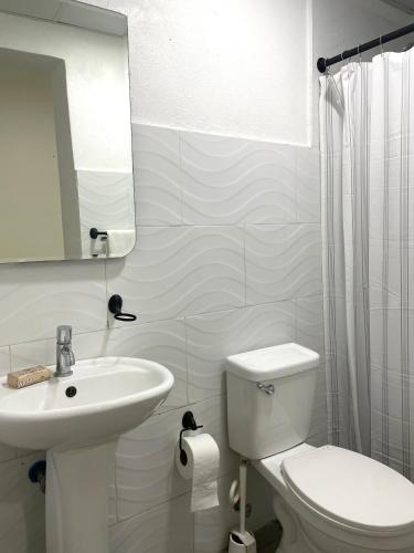 a white bathroom with a toilet and a sink at Akaiah in Santo Domingo