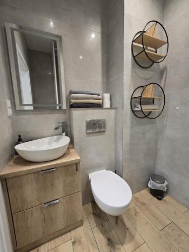 a bathroom with a white toilet and a sink at Hanza Tower AJP Jaccuzi SPA apartament in Szczecin