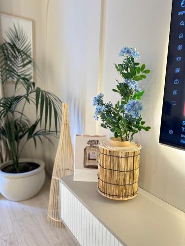 a room with a table with a plant on it at Lungomare Luxury Sea View Apartaments in Vlorë