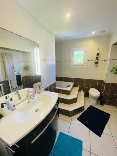 une salle de bain avec un lavabo, des toilettes et un miroir dans l'établissement Warm house close to all amenities, à Tarnos