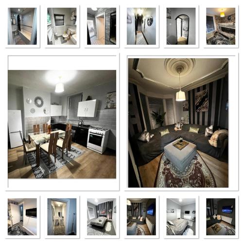 a collage of pictures of a bedroom and a living room at Cozy & Stylish 3-Bed house Parking & 3 Smart TVs in Liverpool