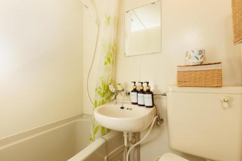 a bathroom with a sink and a toilet and a mirror at -Hideaway Miyakojima- 都島駅徒歩3分梅田10分長期滞在OK都会の静かな隠れ家 in Osaka
