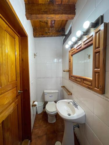 a bathroom with a toilet and a sink and a mirror at Swiss Cabin in Popo Park near Popocatépetl in Ozumba de Alzate