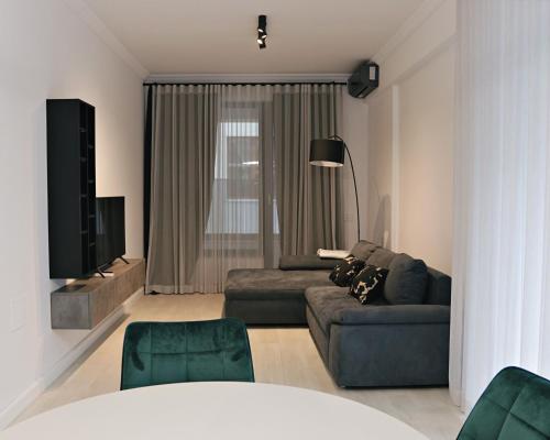 a living room with a couch and a tv at Via Vida I 2 Bedroom Apartments on Pipera Blvd in Voluntari