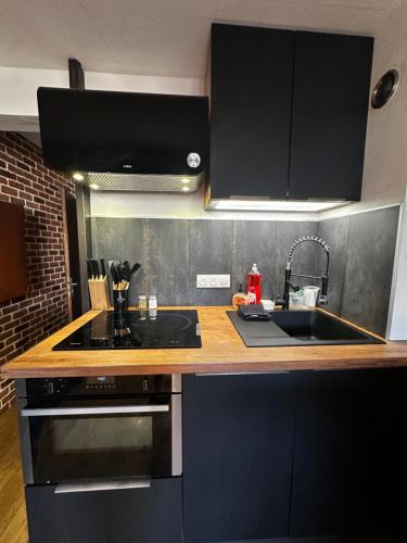 une cuisine avec un évier et une cuisinière dans l'établissement Charmant studio face Gare, à Annecy