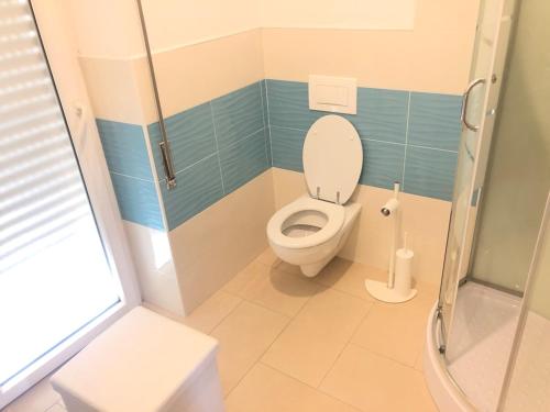 a small bathroom with a toilet and a shower at Domo de Logu ORIZONTE CÒRSICA in Santa Teresa Gallura