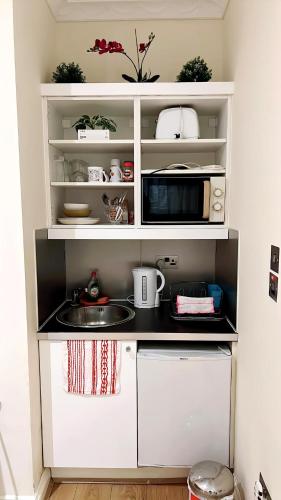 a kitchen with a sink and a microwave at 301 Self contained studio in heart of London in London