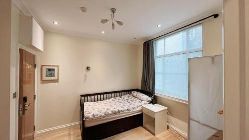 a small crib in a room with a window at 301 Self contained studio in heart of London in London