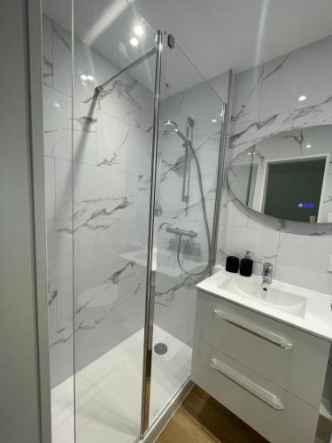 une salle de bain avec douche et lavabo dans l'établissement Studio Cosy Vannes Centre, à Vannes