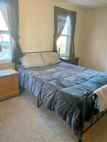 a bedroom with a bed with blue sheets and two windows at Private Entrance Residential Portland in Portland