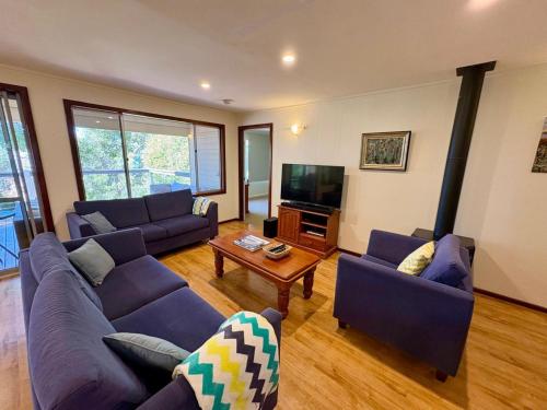 a living room with a blue couch and a tv at Dunsborough Delight in Dunsborough