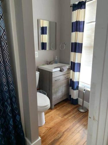 a bathroom with a toilet and a sink and a mirror at The Downtown Downeast Room in Portland