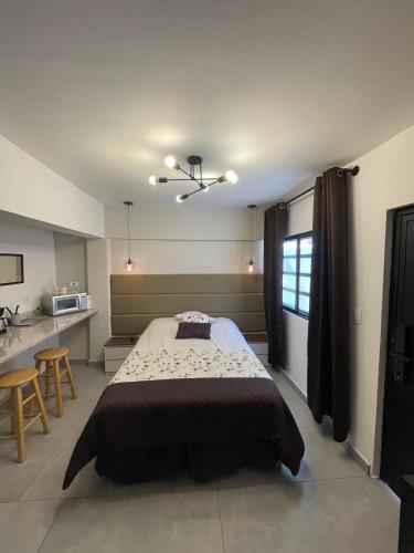 a bedroom with a large bed and a kitchen at Comoda habitación centrica in Aguascalientes