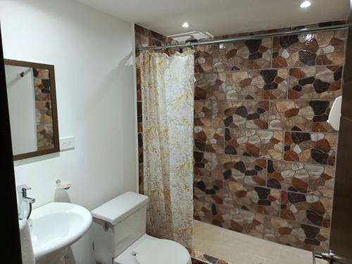 a bathroom with a shower with a toilet and a sink at Suite La Pergola - El Renacimiento Suites in Cuenca