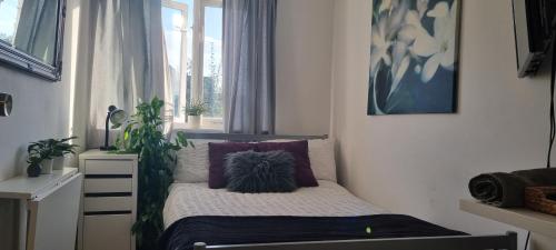 a small bedroom with a bed with purple pillows at Stylish Small Double with Free Parking near Hampton Court-R1 in West Molesey