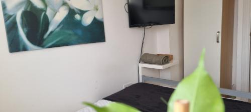 a living room with a tv and a couch at Stylish Small Double with Free Parking near Hampton Court-R1 in West Molesey