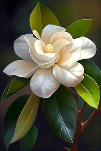 a white flower with green leaves on a branch at Magnolia Apartman in Dunajská Streda