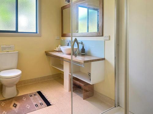 a bathroom with a toilet and a sink at Boutara Holiday House in Falmouth