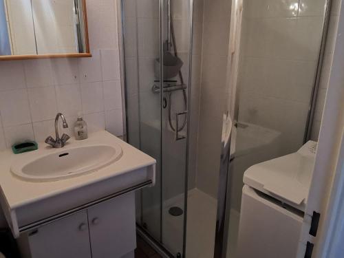 une salle de bain avec un lavabo et une douche dans l'établissement Dernière minute ! Pavillon T2 avec mezzanine, piscine et accès plage, La Tranche sur Mer - FR-1-357-60, à La Tranche-sur-Mer