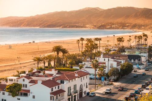 an aerial view of a beach with palm trees and houses at 12 Best Location Cozy Apartment in Los Angeles