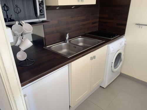 une cuisine avec un évier et une machine à laver dans l'établissement Appartement 2 pièces avec piscine, 4 couchages à Port Camargue - FR-1-731-137, au Grau-du-Roi