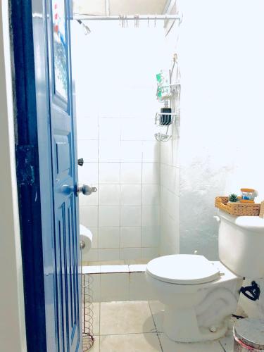 a bathroom with a toilet and a shower at La casa del almendro in Concepción de La Vega