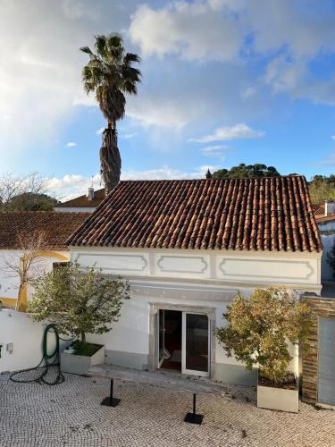 a white house with a palm tree on top of it at Studio Azul in São João da Ribeira