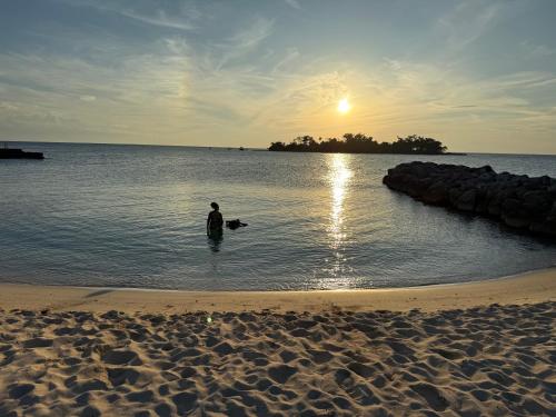 a person standing in the water at the beach at Negril beachfront oceanview studios 164 & 145 in Orange Bay