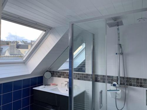 a bathroom with a glass shower and a sink at Blanche, T2 proche plage de Morgat in Crozon