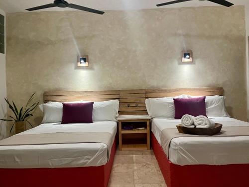 two beds sitting next to each other in a room at Casa Paloma in Ixtapa