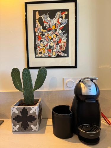 een koffiezetapparaat en een cactus op een tafel bij Maison Hyper centre Dinan 2,4 ou 6 personnes in Dinan