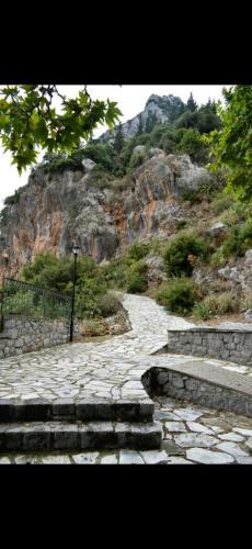 a stone path with a mountain in the background at Το ΦΑΡΑΓΓΙ ΤΟΥ ΠΑΡΝΑΣΣΟΥ 4 in Velítsa