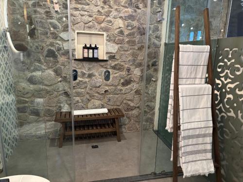 a shower in a bathroom with a stone wall at Castello di Carlo - Loft Carlo II in Santeagueda