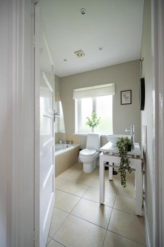 a bathroom with a toilet and a sink and a window at 4 Bed Sheffield House with Parking leisure or contractor in Fulwood