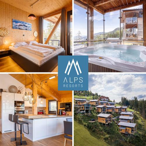 a collage of pictures of a house with a swimming pool at Alpenchalets Reiteralm by ALPS RESORTS in Schladming