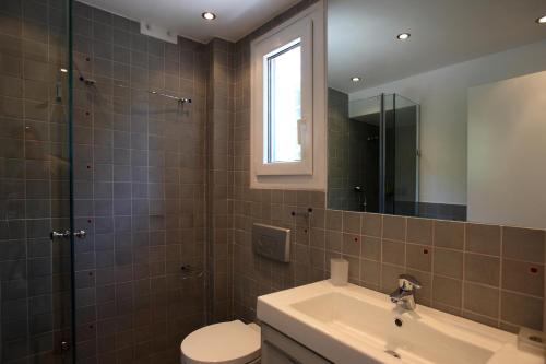 a bathroom with a sink and a toilet and a mirror at Elies Houses in Agnontas