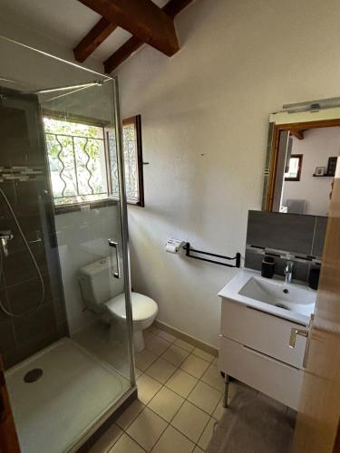 une salle de bain avec une douche, des toilettes et un lavabo dans l'établissement Maison avec terrasse et parking, à 350 m de la plage, à Saint-Martin-dʼArdèche