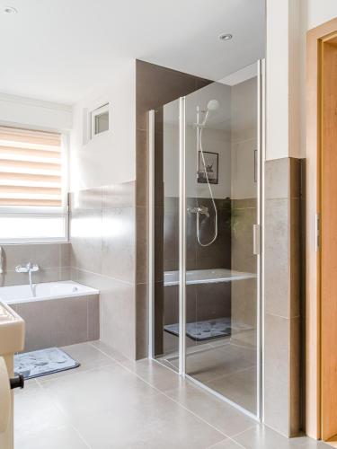 a bathroom with a shower and a tub and a sink at Schwarzwald Loft Friesenheim in Friesenheim