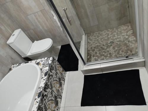 a small bathroom with a toilet and a shower at Tshepang Apartments Secunda in Secunda