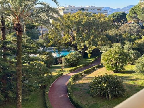 un jardin avec une piscine et des palmiers dans l'établissement Chic 2 bedroom with Huge Terrace and Pool Cannes, à Cannes