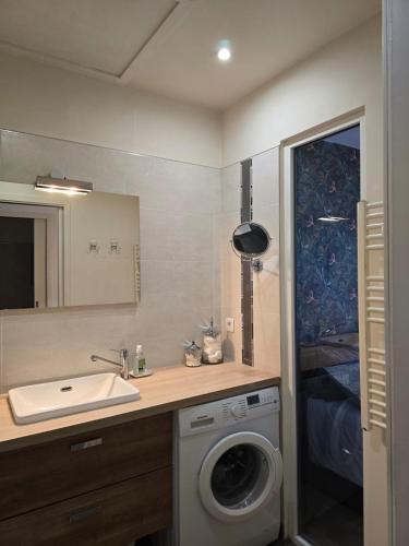une salle de bain avec un lavabo et une machine à laver dans l'établissement Villa Fling, au Cap d'Agde